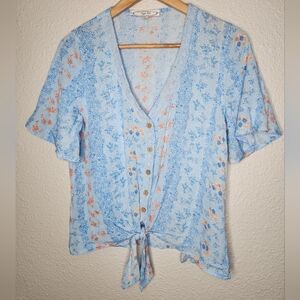 Hippie Rose Light Blue and Orange Floral Tie-Front V-neck Blouse Size Large